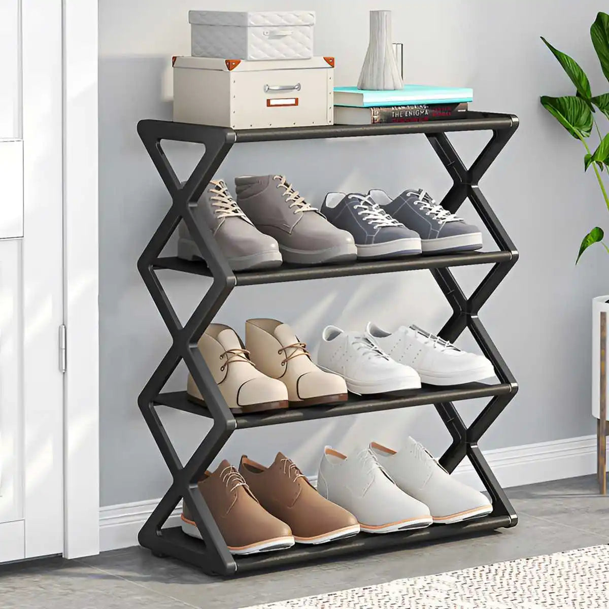 StackRight 4-Tier X-Frame Shoe Rack with Dustproof Covers